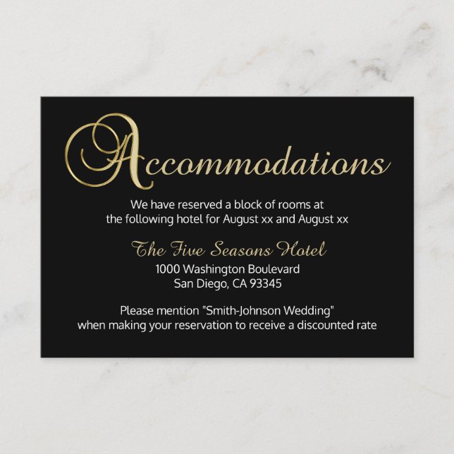 Black Gold Color Wedding Accommodation Card (Front)