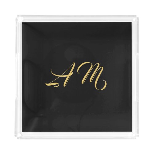Black Gold Colors Monogram Initial Calligraphy Acrylic Tray