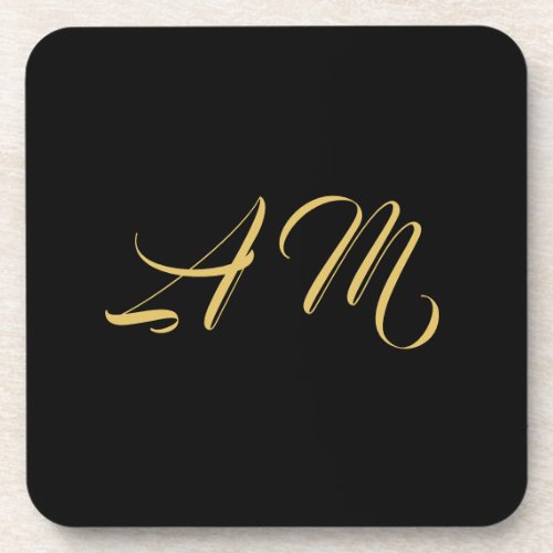 Black Gold Colors Monogram Initial Calligraphy Beverage Coaster