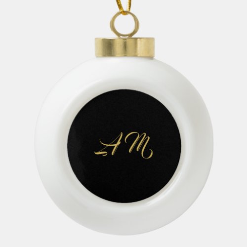 Black Gold Colors Monogram Initial Calligraphy Ceramic Ball Christmas Ornament