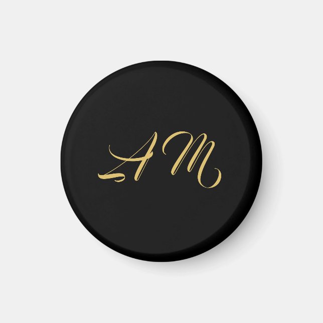 Black Gold Colors Monogram Initial Calligraphy Magnet (Front)