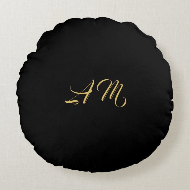 Black Gold Colors Monogram Initial Calligraphy Round Pillow (Front)