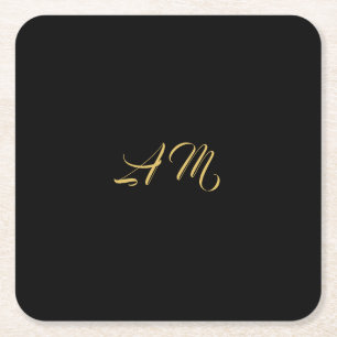 Black Gold Colors Monogram Initial Calligraphy Square Paper Coaster