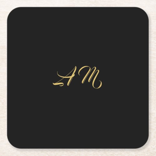 Black Gold Colors Monogram Initial Calligraphy Square Paper Coaster