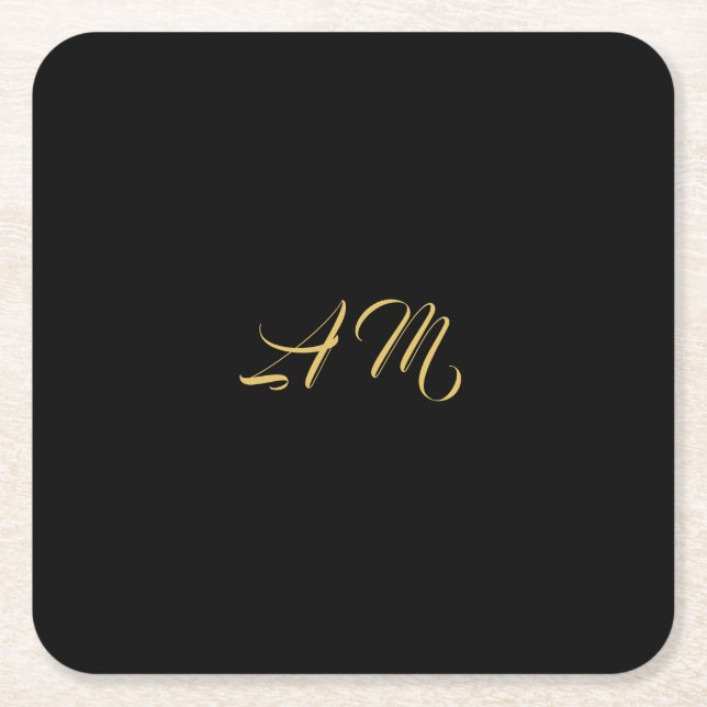 Black Gold Colors Monogram Initial Calligraphy Square Paper Coaster (Front)