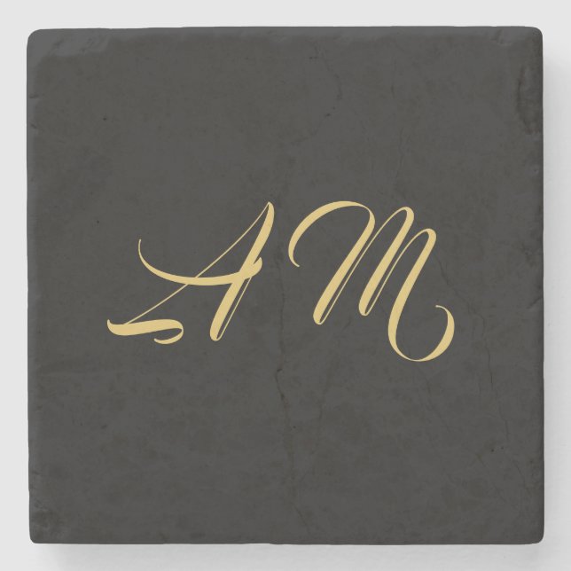 Black Gold Colors Monogram Initial Calligraphy Stone Coaster (Front)