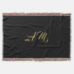 Black Gold Colors Monogram Initial Calligraphy Throw Blanket
