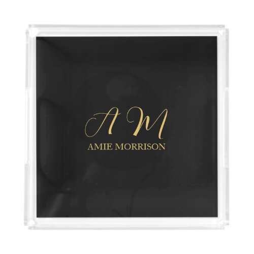 Black Gold Colors Monogram Initial Letter Name Acrylic Tray