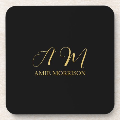 Black Gold Colors Monogram Initial Letter Name Beverage Coaster