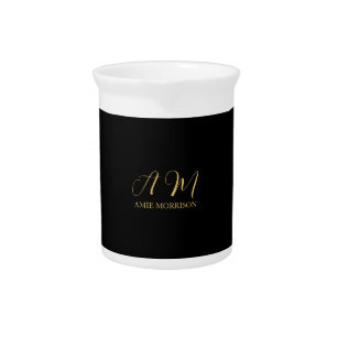 Black Gold Colors Monogram Initial Letter Name Beverage Pitcher