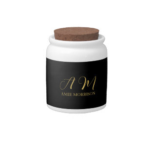 Black Gold Colors Monogram Initial Letter Name Candy Jar