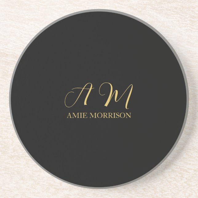 Black Gold Colors Monogram Initial Letter Name Coaster (Front)