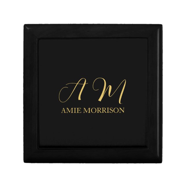 Black Gold Colors Monogram Initial Letter Name Gift Box (Front)