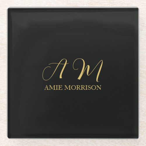Black Gold Colors Monogram Initial Letter Name Glass Coaster