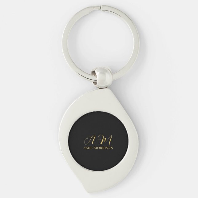Black Gold Colors Monogram Initial Letter Name Keychain (Front)