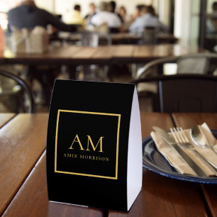 Black Gold Colors Monogram Initial Letter Name Paper Table Tent