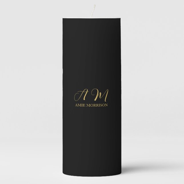 Black Gold Colors Monogram Initial Letter Name Pillar Candle (Front)