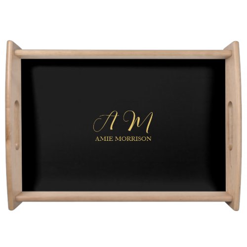 Black Gold Colors Monogram Initial Letter Name Serving Tray