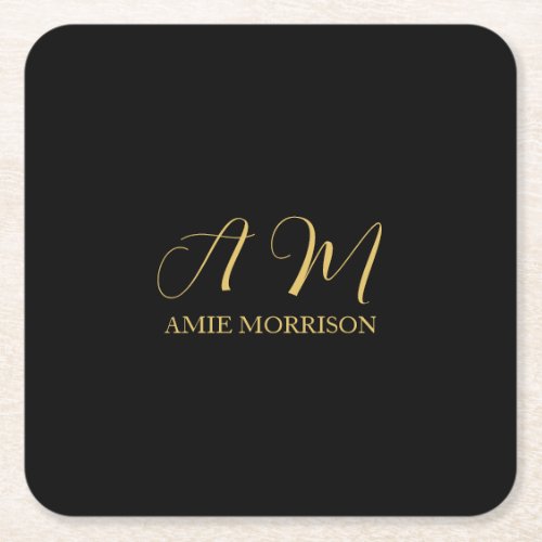 Black Gold Colors Monogram Initial Letter Name Square Paper Coaster