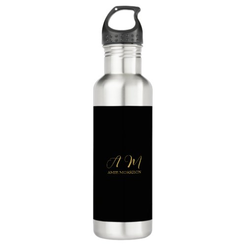 Black Gold Colors Monogram Initial Letter Name Stainless Steel Water Bottle