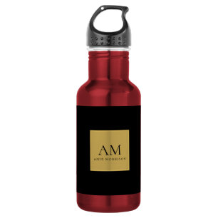 Black Gold Colors Monogram Initial Letter Name Stainless Steel Water Bottle