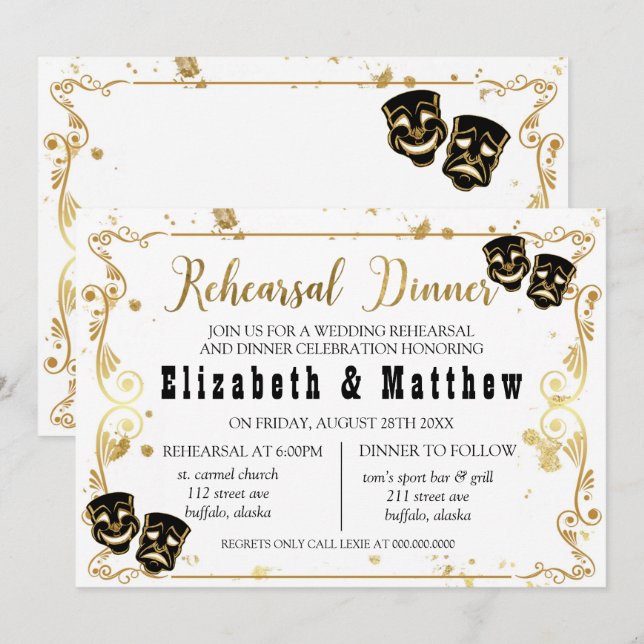 Black Gold Comedy and Tragedy Rehearsal Dinner Invitation (Front/Back)