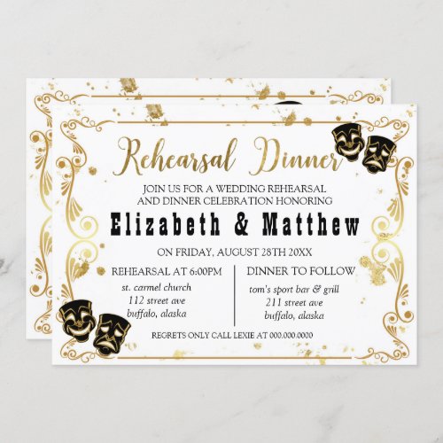 Black Gold Comedy and Tragedy Rehearsal Dinner Invitation