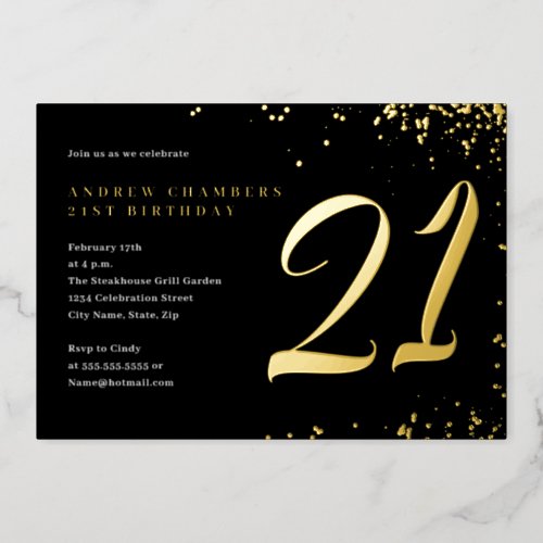 Black Gold Confetti 21st Birthday  Foil Invitation