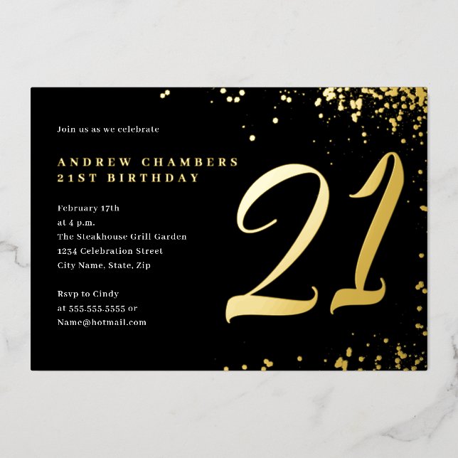 Black Gold Confetti 21st Birthday  Foil Invitation (Front)