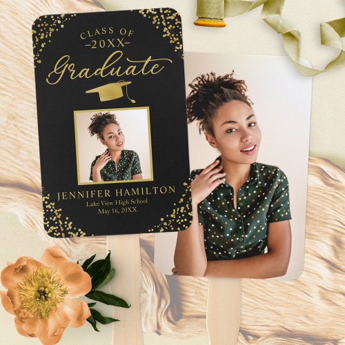 Black Gold Confetti 2 Photo Graduation  Hand Fan