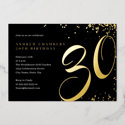 Black Gold Confetti 30th Birthday  Foil Invitation