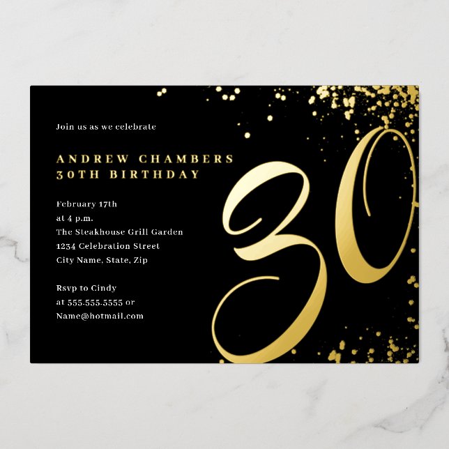 Black Gold Confetti 30th Birthday  Foil Invitation (Front)