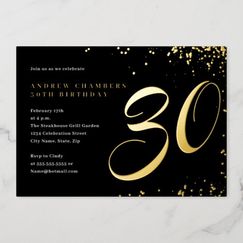 Black Gold Confetti 30th Birthday  Foil Invitation