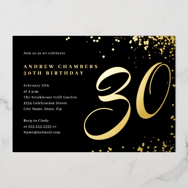 Black Gold Confetti 30th Birthday  Foil Invitation (Front)