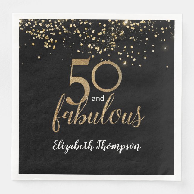 Black Gold Confetti 50 and fabulous 50th birthday Paper Dinner Napkins (Front)