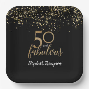 Black Gold Confetti 50 and fabulous 50th birthday Paper Plates