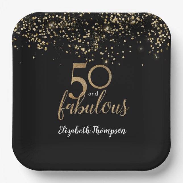 Black Gold Confetti 50 and fabulous 50th birthday Paper Plates (Front)