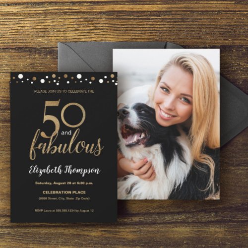 Black Gold Confetti 50 and fabulous Photo birthday Invitation