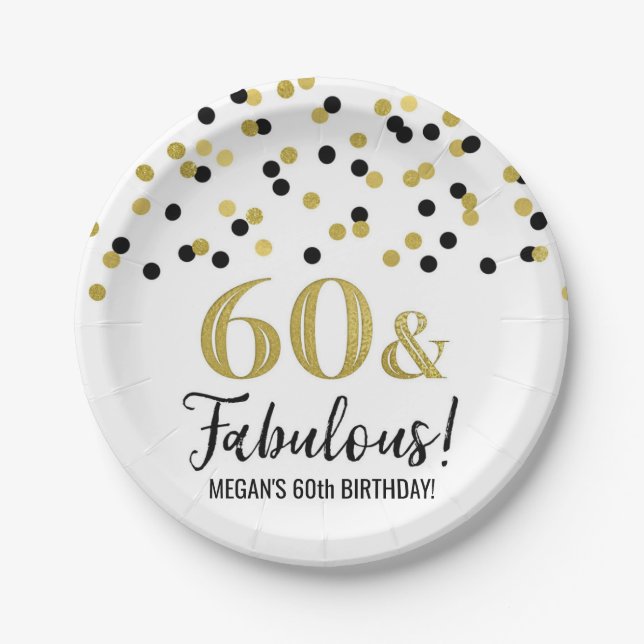 Black Gold Confetti 60 and Fabulous Birthday Paper Plates (Front)
