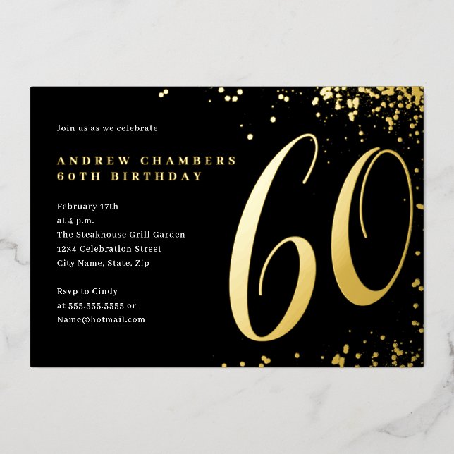 Black Gold Confetti 60th Birthday  Foil Invitation (Front)