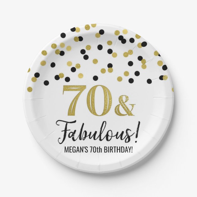Black Gold Confetti 70 and Fabulous Birthday Paper Plates (Front)