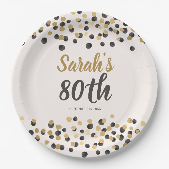 Black Gold Confetti 80th Birthday  Paper Plates (Front)