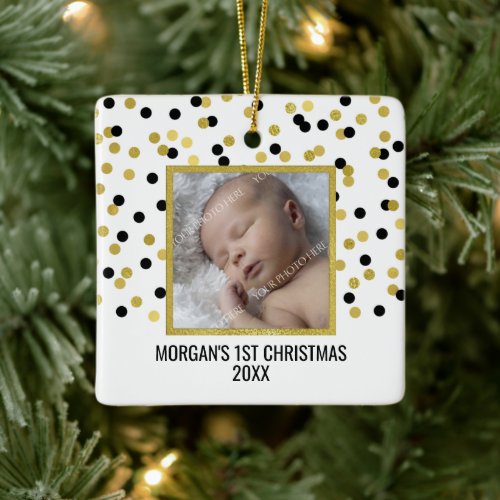 Black Gold Confetti Babys First Christmas Photo Ceramic Ornament