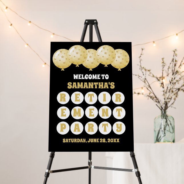 Black & Gold Confetti Balloon Retirement Welcome Foam Board (In Situ (Stand))