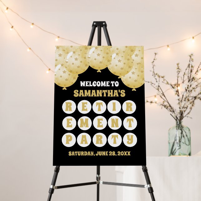 Black & Gold Confetti Balloons Retirement Welcome Foam Board (In Situ (Stand))