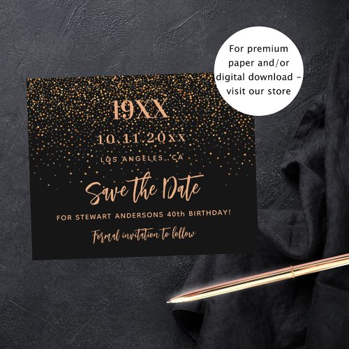 Black gold confetti birthday budget save the date flyer