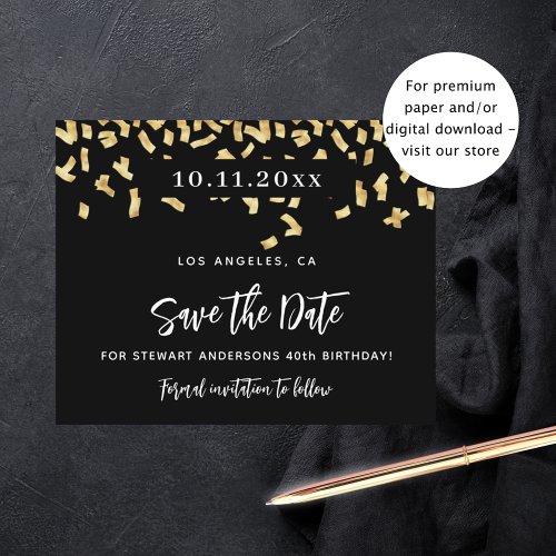 Black gold confetti birthday budget save the date flyer