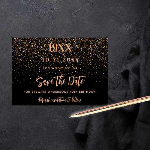 Black gold confetti birthday party save the date