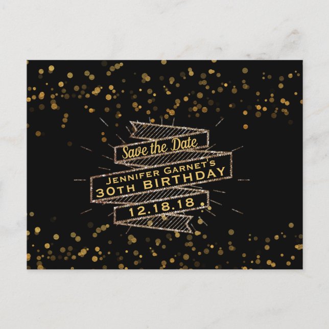 Black Gold Confetti Birthday Save the Date Announcement Postcard (Front)