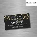Black gold confetti birthday save the date magnet<br><div class="desc">A black background decorated with faux gold confetti. Personalize and add a date and name/age.  The text: Save the Date is written with a large trendy hand lettered style script.  White text.</div>